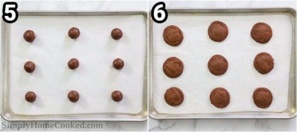 Steps to make Nutella Cookies: scoop the cookie dough and roll it into balls, then bake on a parchment paper lined baking sheet.