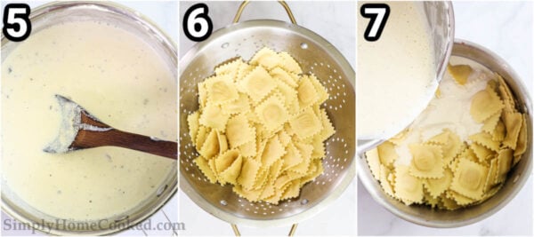 Steps to make Four Cheese Ravioli: stirring the sauce and then preparing the ravioli, and finally combining the sauce with the ravioli.