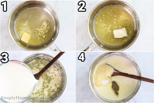 Steps to make Four Cheese Ravioli: sauteing the butter and garlic before adding the cream cheese, melting it, and adding the heavy cream, Parmesan, salt, and pepper.