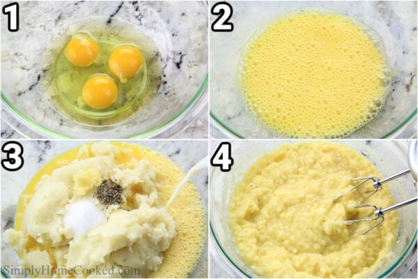 Steps to make Mashed Potato Pancakes: combine the eggs, mashed potatoes, salt, pepper, flour, milk, and garlic.
