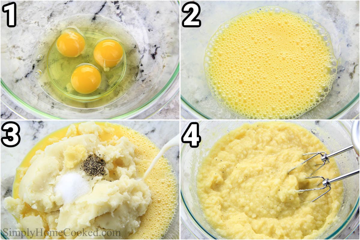 Procedure to prepare Smashed Potato Fritters: mix the eggs, mashed potatoes, salt, pepper, flour, milk, and garlic.