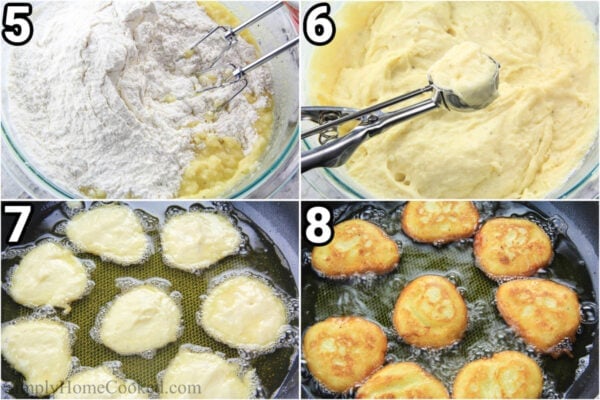 Steps to make Mashed Potato Pancakes: combine the ingredients and scoop them into hot oil and fry until golden brown.