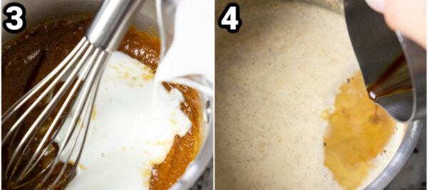 Steps to make Pumpkin Spice Latte: add the milk and then whisk in the espresso.