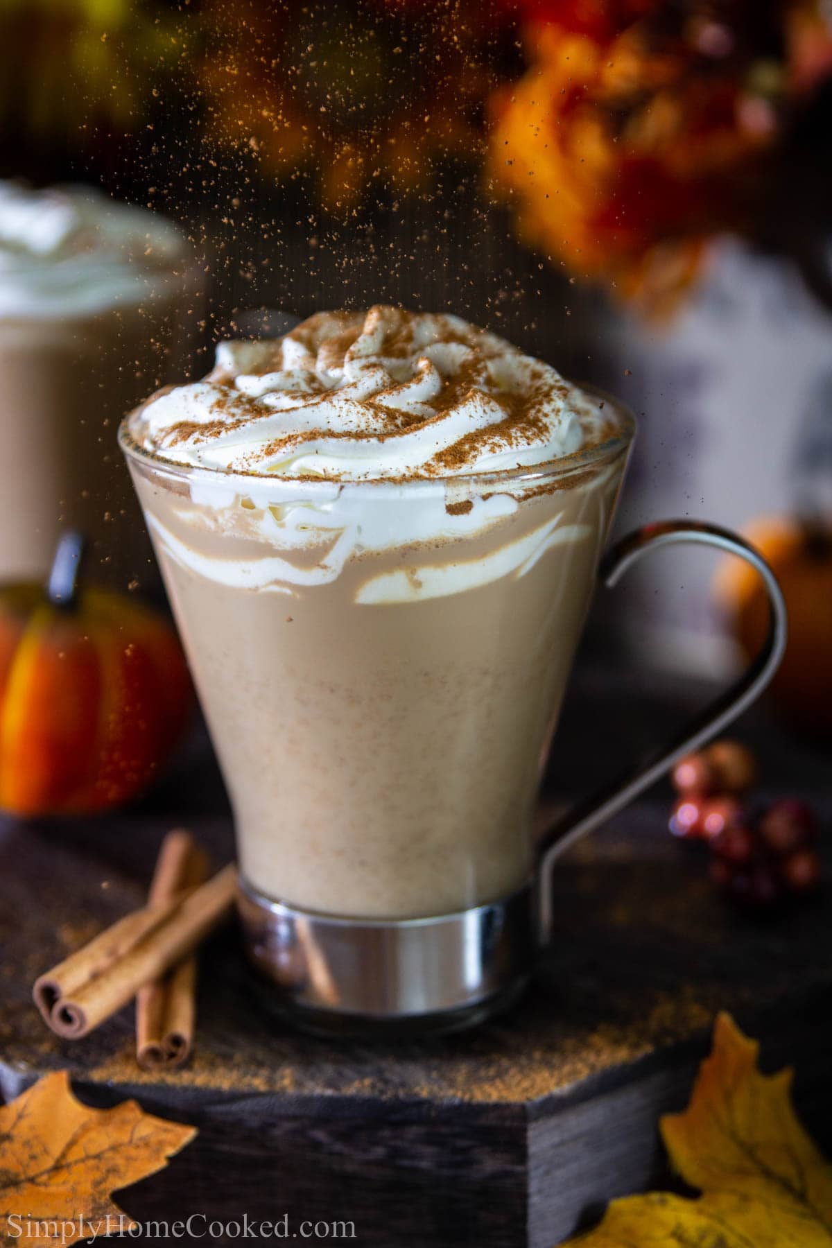 Glass of Pumpkin Spice Latte with whipped cream on top and a sprinkle of pumpkin pie spices. 