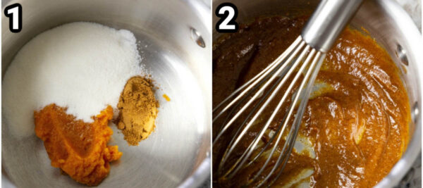 Steps to make Pumpkin Spice Latte: whisk the pumpkin puree, spices, and white chocolate powder together in a heated pan.