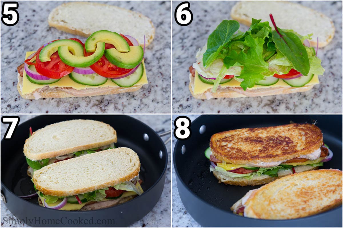 Steps to make a Turkey Melt: Add the tomatoes, avocado, spring mix, and then top with bread and cook in a skillet.