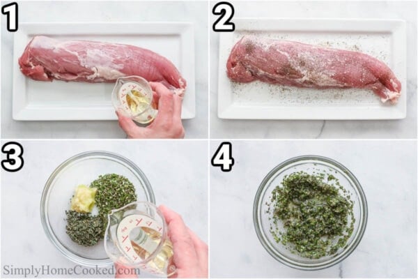 Steps to make Air Fryer Pork Tenderloin: cover the tenderloin with oil and then add salt and black pepper, then mix the rub of olive oil, fresh rosemary, thyme, and minced garlic in a bowl.