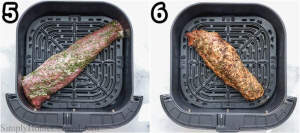 Steps to make Air Fryer Pork Tenderloin: cover the tenderloin with a rub of oil, garlic, thyme, and rosemary, then cook it in the air fryer basket.