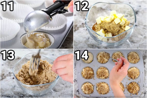 Steps to make Cinnamon Apple Muffins: scoop the batter into muffin tins with a cookie scoop, then make the streusel topping with flour, cinnamon, salt, brown sugar, and cold butter, mix it with a fork, and then add it before baking.