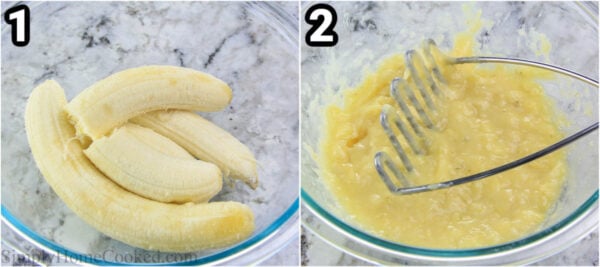 Steps to make Banana Walnut Bread: mash the bananas with a masher.