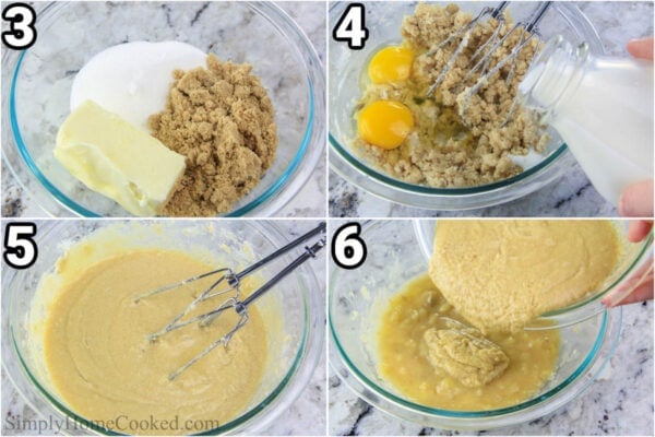 Steps to make Banana Walnut Bread cream together the butter and sugars, then add the milk and eggs, and beat with an electric hand mixer before adding to the bananas.