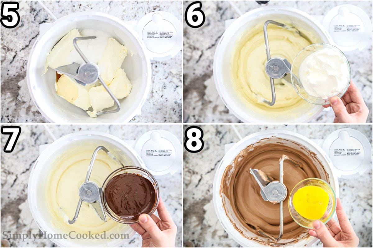 Steps to make Chocolate Cheesecake Bars: mix the cream cheese, vanilla, and sugar, then add the sour cream, then the melted baker's chocolate, and finally the eggs one at a time until its fully incorporated.