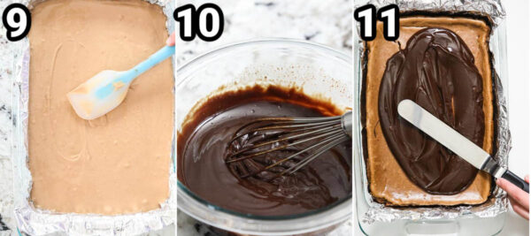 Steps to make Chocolate Cheesecake Bars: put the cheesecake batter into the crust, then make the chocolate ganache with heavy cream and chocolate chips, and spread it on top.