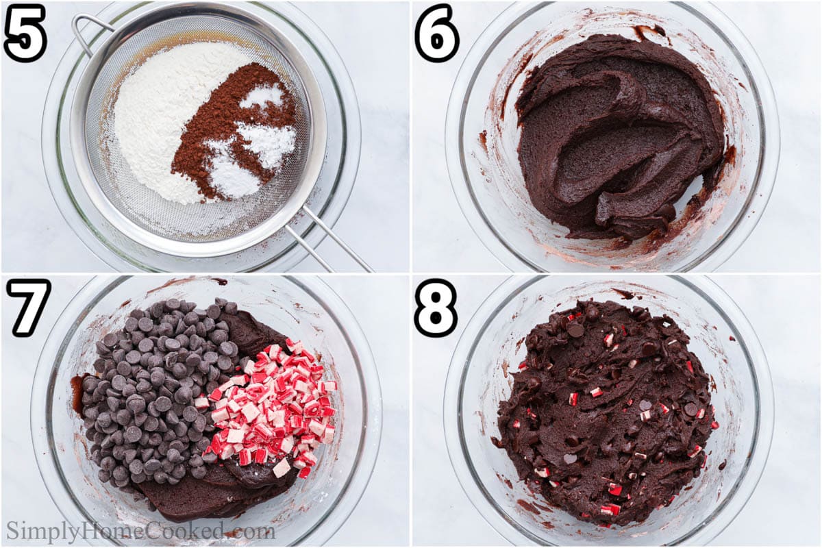 Steps to make Chocolate Peppermint Cookies: sift in the flour, baking soda, baking powder, salt, and cocoa powder, then mix in the chocolate chips and Andes candy.