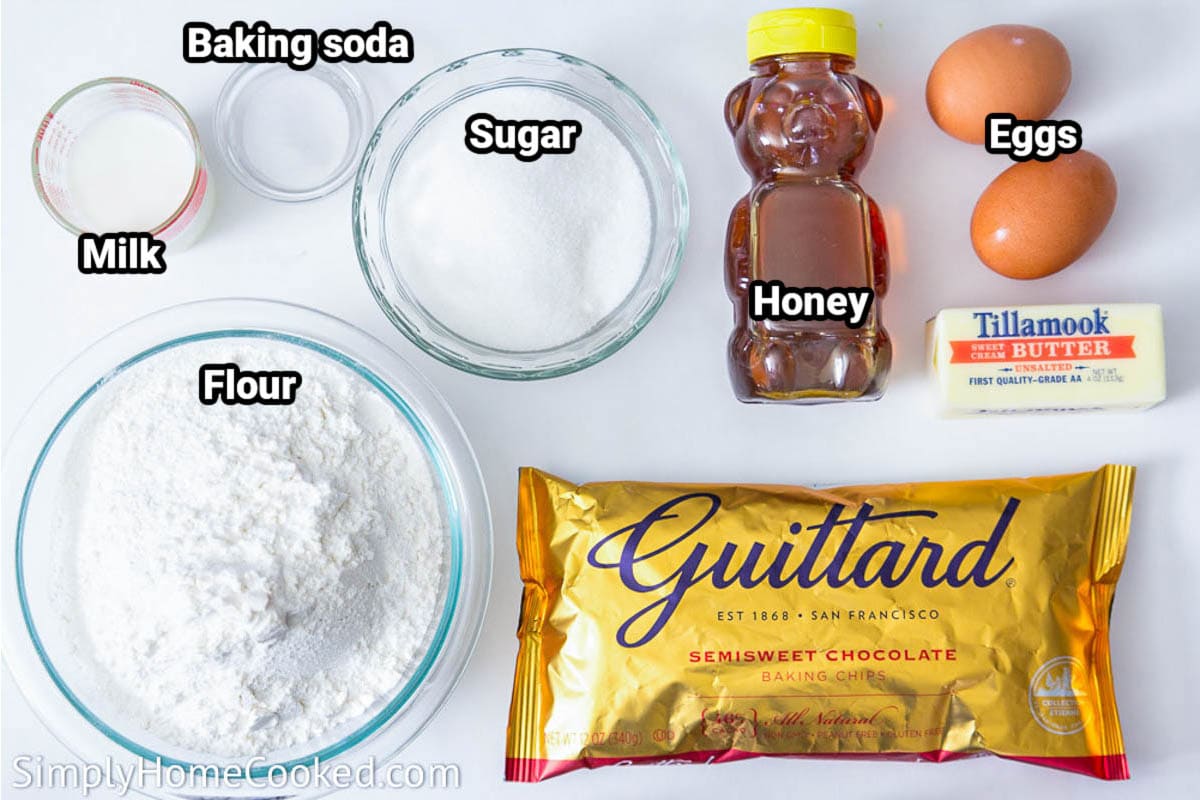 Ingredients for Chocolate Spartak Cake: semisweet chocolate chips, butter, eggs, honey, sugar, baking soda, milk, and flour.