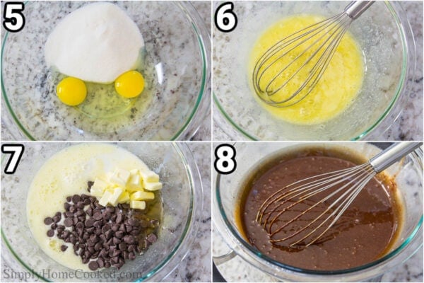 Steps to make Chocolate Spartak Cake: beat the eggs and sugar and then add the milk, honey, and chocolate chips.