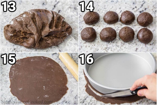 Steps to make Chocolate Spartak Cake: roll the dough into a log and divide into 8 balls, then roll them out and cut a pie pan shape from each.