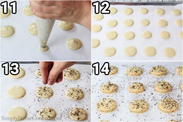 Steps to make Coffee Macarons: pipe the macaron batter onto parchment paper, then add espresso powder on top and bake.