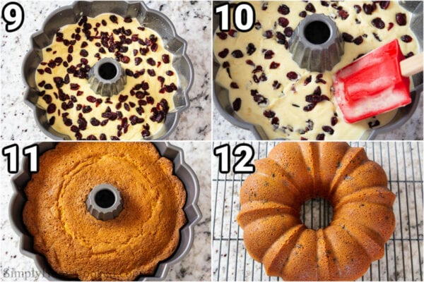 Steps to make Cranberry Orange Bundt Cake: add cranberries to the batter and then bake the bundt cake.