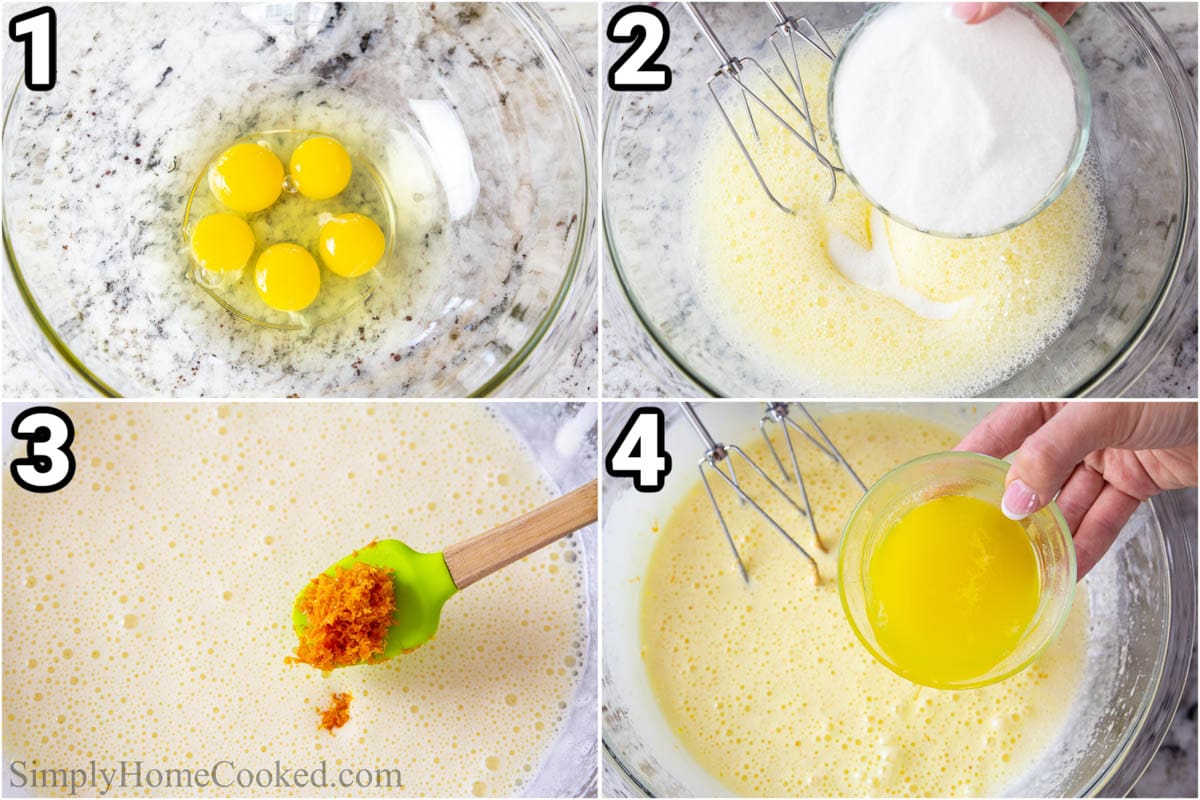 क्रैनबेरी ऑरेंज बंडट केक बनाने के चरण: अंडे को चीनी के साथ फेंटें, फिर संतरे का छिलका और पिघला हुआ मक्खन डालें।