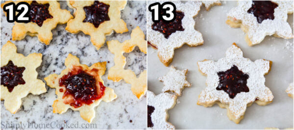 Steps to make Linzer Cookies with Raspberry Jam: bake the cookies, then spread raspberry jam in the center and top with a cookie and powdered sugar.