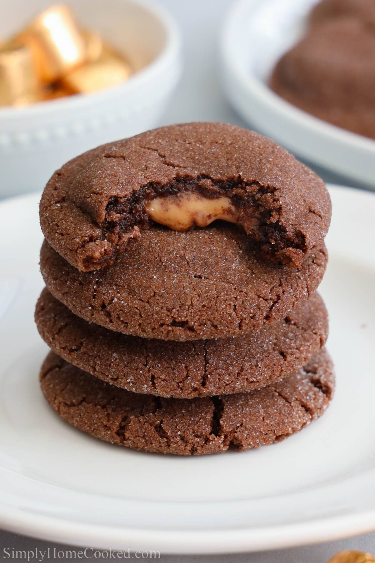 A stack of Rolo Cookies, the top one missing a bite.