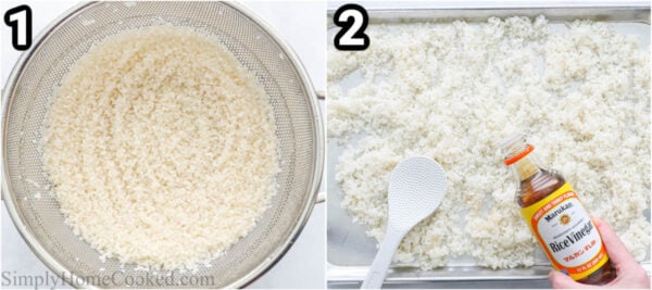 Steps to make Sushi Bake: clean and cook the rice, then combine it with rice vinegar on a baking sheet.