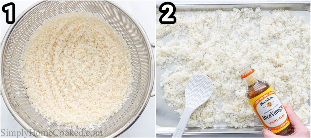 सुशी बेक बनाने के चरण: चावल को साफ करें और पकाएं, फिर इसे बेकिंग शीट पर चावल के सिरके के साथ मिलाएं।