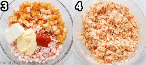 Steps to make Sushi Bake: combine the imitation crab, shrimp tempura, Japanese mayo, cream cheese, and sriracha in a bowl.