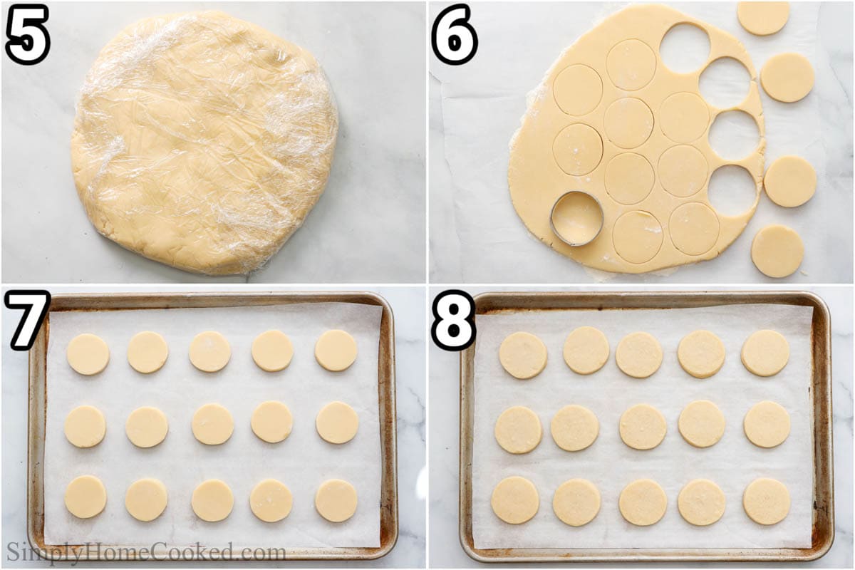 Steps to make Twix Cookies: wrap and refrigerate the dough, then roll it out and cut the circles, then bake on a cookie sheet.