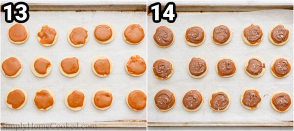 Steps to make Twix Cookies: top the cookies with caramel then chocolate and salt.