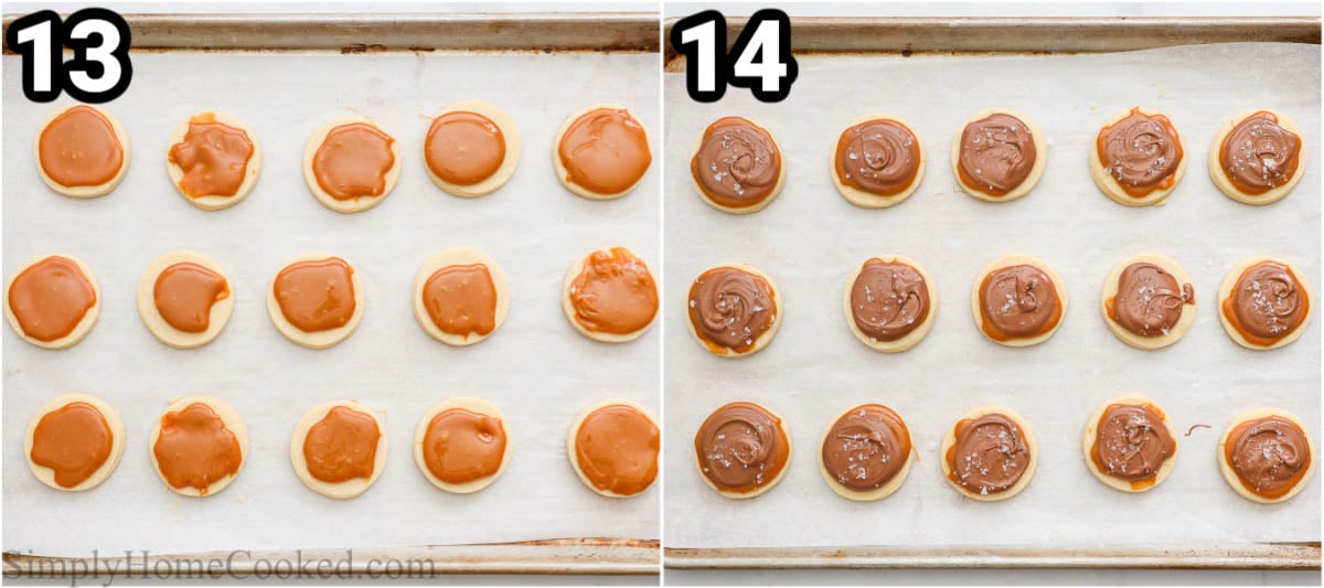 ट्विक्स कुकीज़ बनाने के चरण: कुकीज़ के ऊपर कैरमेल, फिर चॉकलेट और नमक डालें।