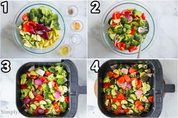 Steps to make Roasted Air Fryer Vegetables: cut the vegetables to a uniform size and place in a bowl, then mix in the oil, garlic powder, salt, and pepper, then place in an air fryer basket and cook.