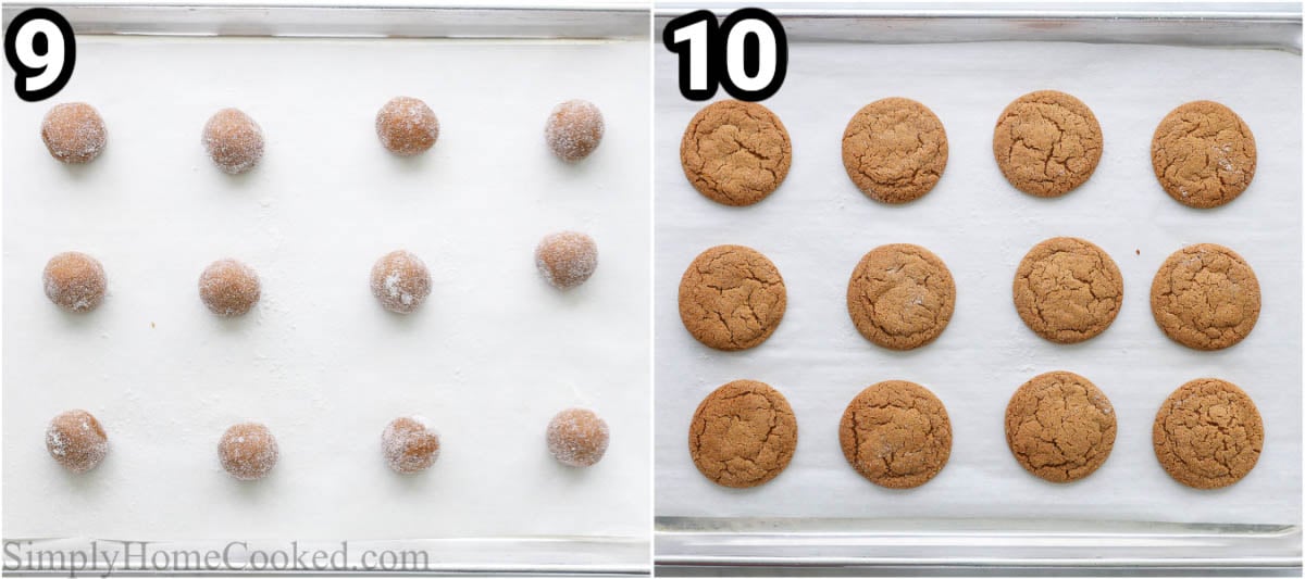 अदरक गुड़ कुकीज़ बनाने के चरण: कुकी आटे की गेंदों को चर्मपत्र कागज से ढकी बेकिंग शीट पर रखें और बेक करें।