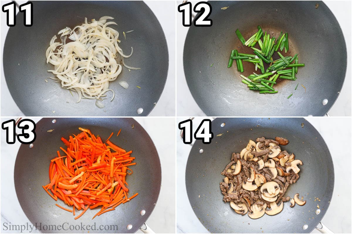 आसान जपचाय बनाने के चरण: प्याज, हरी प्याज, गाजर और मशरूम को भूनें।