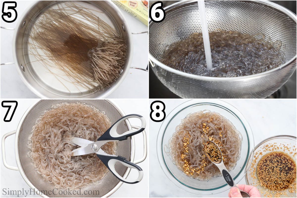 आसान जपाचे बनाने के चरण: कांच के नूडल्स को पकाएं, फिर उन्हें ठंडे पानी से धो लें और कुछ सॉस डालने से पहले उन्हें काट लें।