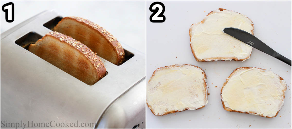 टर्की क्लब सैंडविच बनाने के चरण: ब्रेड को टोस्ट करें और फिर उन पर मेयो और डिजॉन मस्टर्ड फैलाएं।
