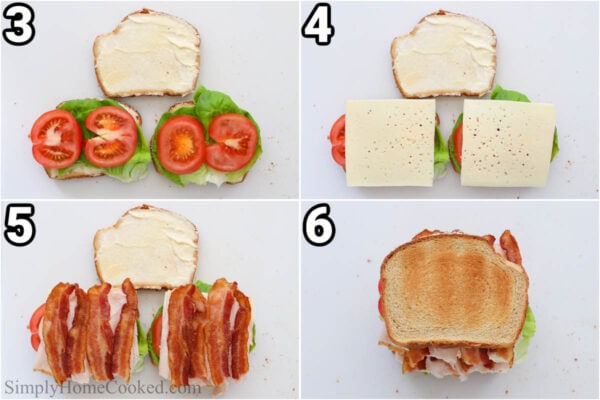 Steps to make Turkey Club Sandwich: layer the lettuce and tomato on the bread, then the cheese, then the bacon, and top with the last slice of bread.