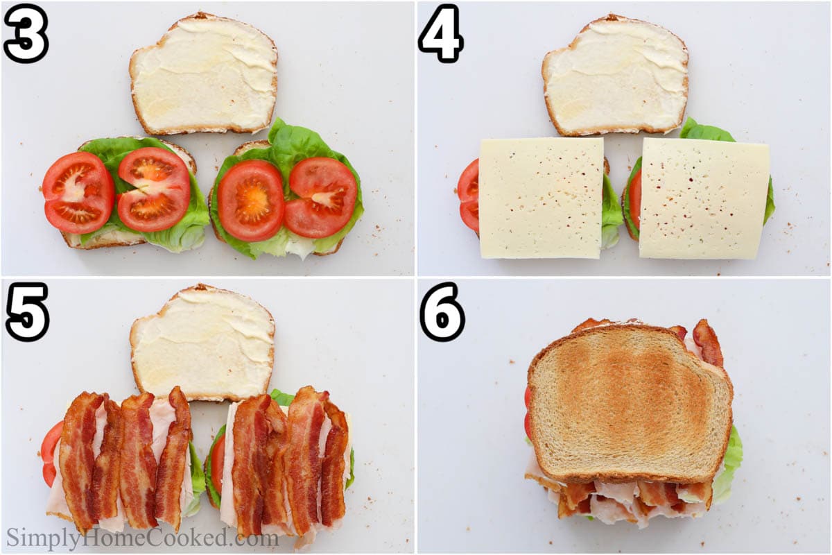 टर्की क्लब सैंडविच बनाने के चरण: ब्रेड पर सलाद और टमाटर की परत लगाएं, फिर पनीर, फिर बेकन और ऊपर ब्रेड का आखिरी टुकड़ा रखें।