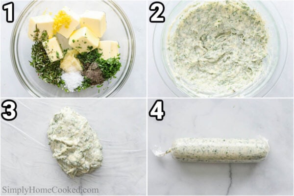 Steps to make Compound Butter for Steak: whisk together the butter, salt, parsley, rosemary, chives, lemon juice, oil, and garlic, then wrap it in plastic wrap.