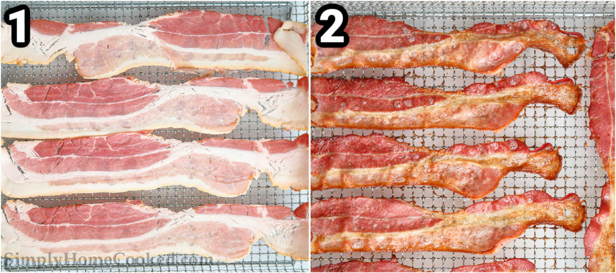 Steps to make Air Fryer Bacon: lay the strips of bacon in the basket and then cook them.