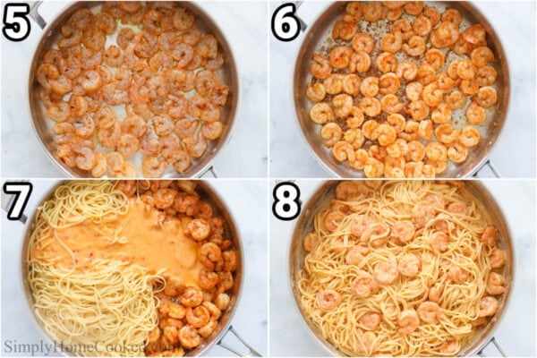 Steps to make Bang Bang Shrimp Pasta: cook the shrimp in a skillet and then cook the pasta, and combine the pasta, sauce, and shrimp.