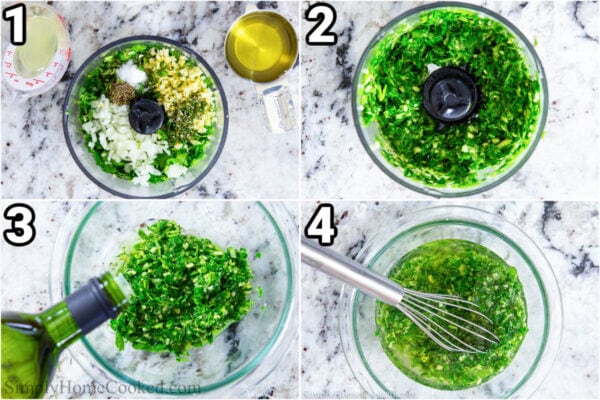 Steps to make Bread Dipping Oil: pulse the fresh herbs, onion, garlic in the food processor, then add the lemon juice, oil, salt, and pepper. Blend until emulsified.