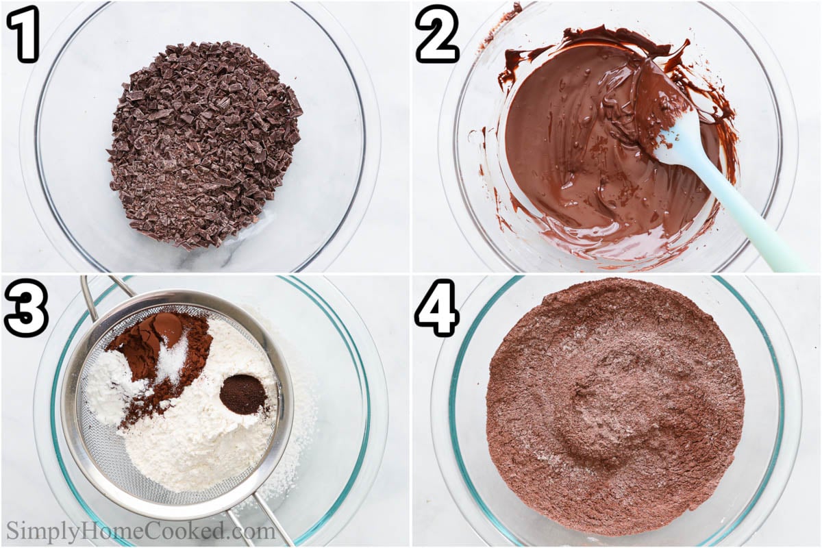 Steps to make Brownie Cookies: melt the chocolate, then sift the dry ingredients.