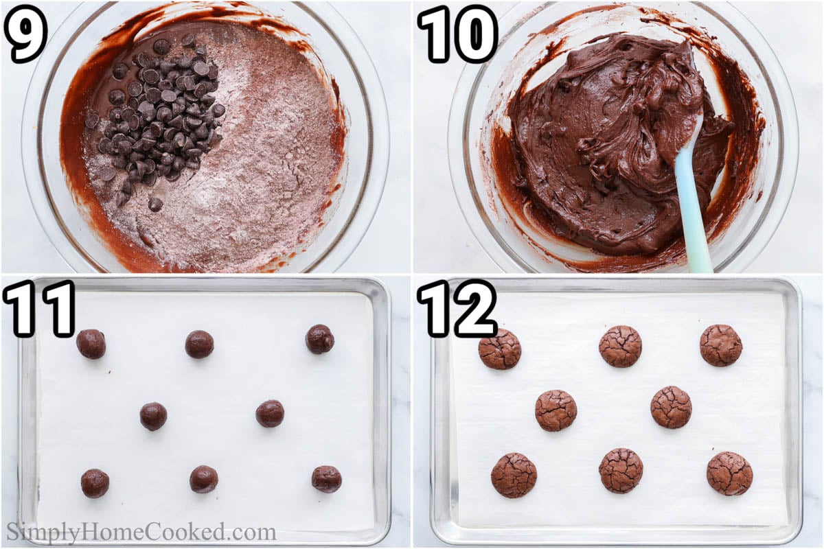 Steps to make Brownie Cookies: add the chocolate chips and stir, then roll out and press the cookies before baking.