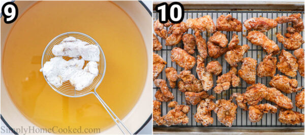 Steps to make Chicken Kaarage: fry the chicken then lay it on a cooling rack to drip off excess oil.