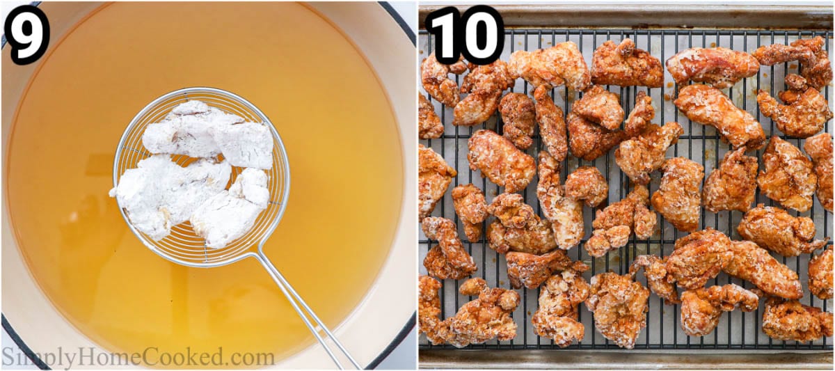 Steps to make Chicken Kaarage: fry the chicken and let it rest on a cooling rack to remove excess oil.