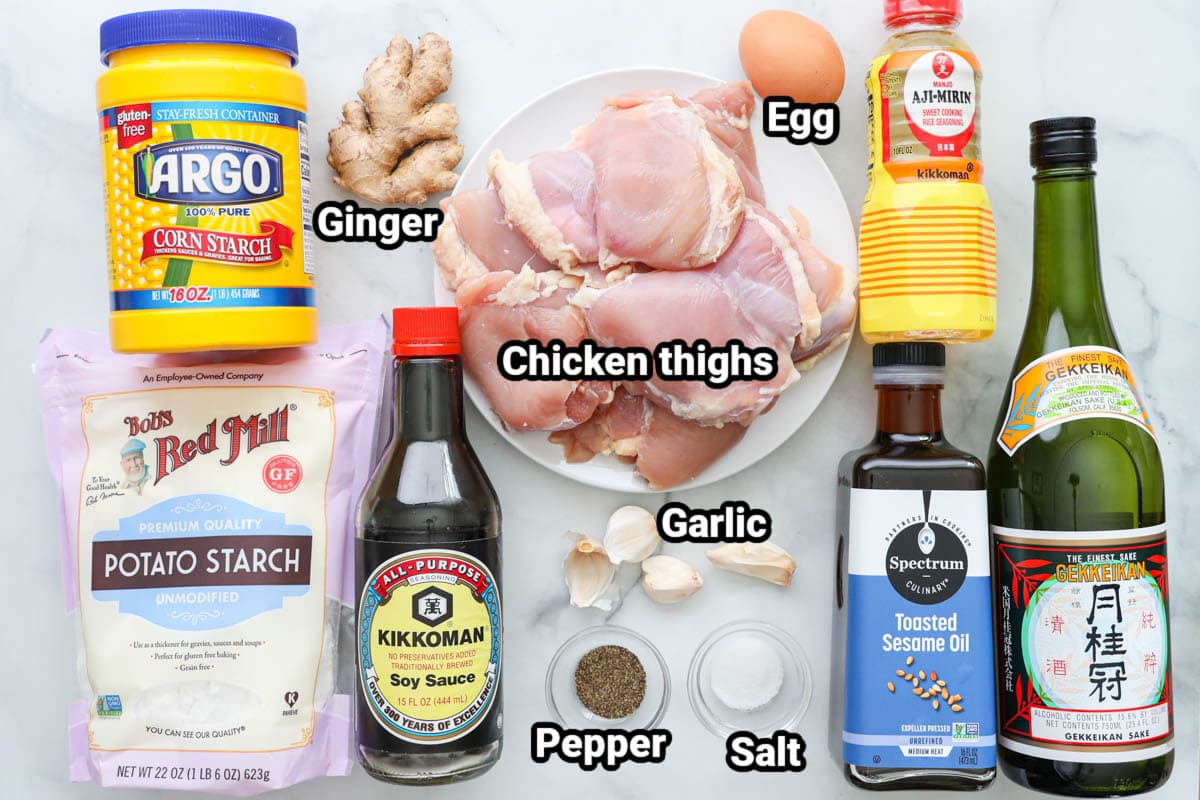 Ingredients for Chicken Kaarage: cornstarch, potato starch, ginger, soy sauce, chicken thighs, garlic, egg, mirin, sesame oil, sake, salt, and pepper.