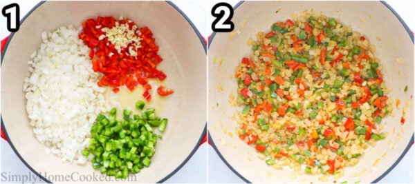 Steps to make Chicken Spaghetti: saute the garlic, peppers, and onion until softened.
