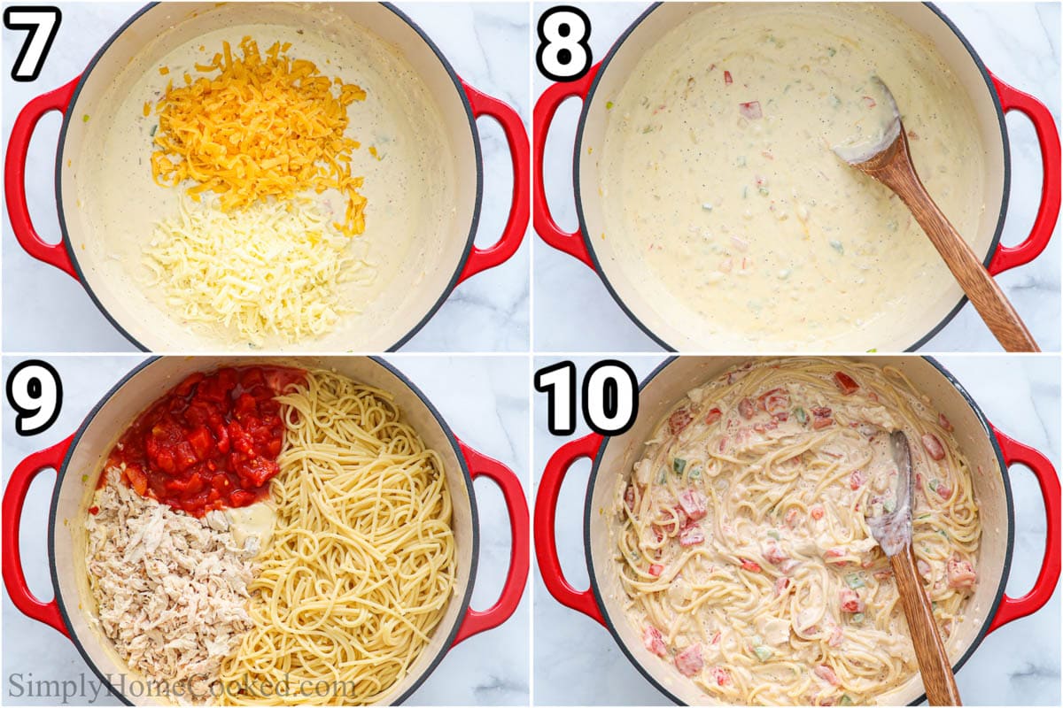 Steps to make Chicken Spaghetti: add the cheeses, stir, then add the cooked spaghetti, chicken, and diced tomatoes, before stirring everything together.